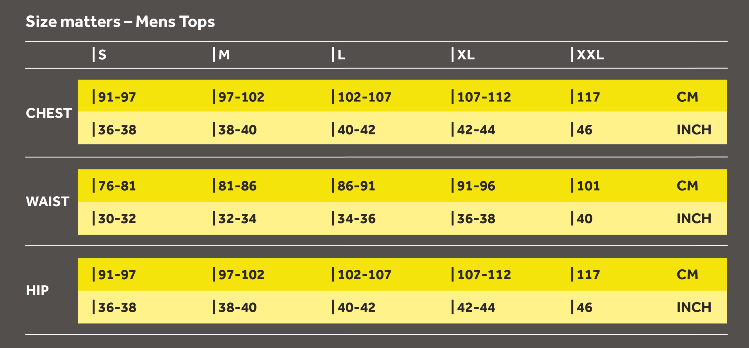 Mens Tops Size Chart Dark