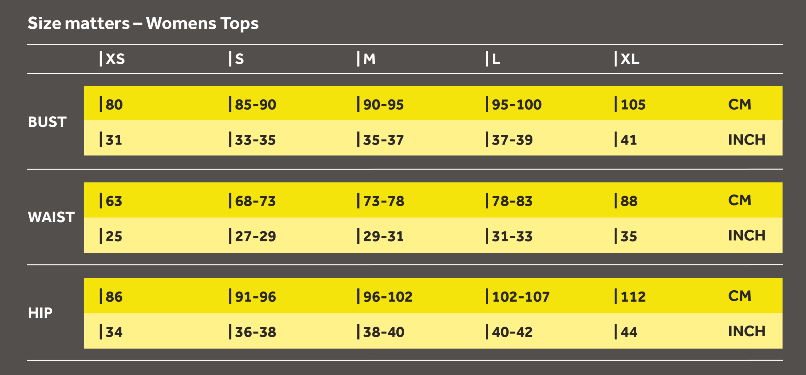 Womens Tops Size Chart Dark